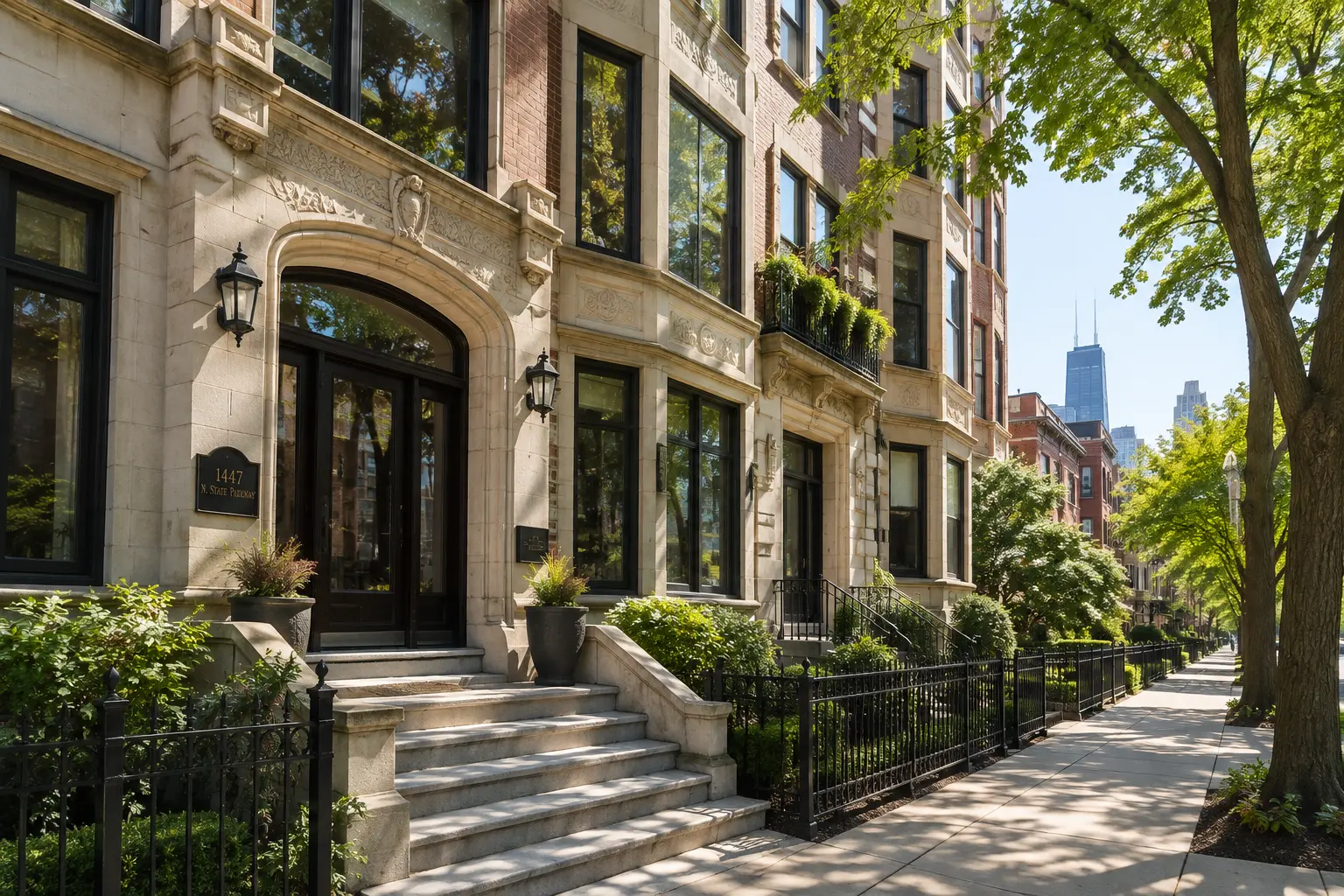 Historic stone residential building on a quiet tree-lined street